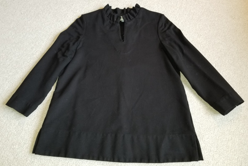 Womens Top-TUCKERNUCK-black Ponte knit ruffle neck Classic tunic-M